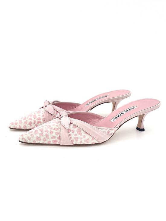 Manolo Blahnik Shoes - Manolo Blahnik Bow Pink Leopard Print Ponyhair Pointed Toe Kitten Heel Mules 41